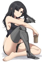 Rule 34 | 1girl, absurdres, act (xadachit), angelia (girls&#039; frontline), black hair, breasts, can, closed mouth, crossed legs, girls&#039; frontline, grey eyes, grey hair, hair over one eye, head on hand, highres, holding, holding can, long hair, looking at viewer, mechanical arms, medium breasts, prosthesis, prosthetic arm, prosthetic leg, shirt, sideboob, simple background, solo, underwear