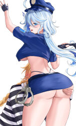 Rule 34 | 1boy, 1girl, absurdres, aether (genshin impact), ahoge, alternate costume, ass, ass grab, black gloves, blonde hair, blue eyes, blue hair, blue headwear, blue shirt, blue skirt, breasts, commentary, cowboy shot, crop top, cuffs, fingerless gloves, from behind, furina (genshin impact), genshin impact, gloves, handcuffs, hat, highres, large breasts, looking at viewer, looking back, maumaou, midriff, miniskirt, open mouth, peaked cap, pencil skirt, police, police uniform, prison clothes, shirt, short hair, short sleeves, simple background, skirt, standing, thighs, underbutt, uniform, white background
