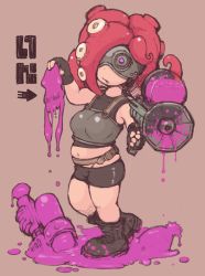 Rule 34 | 1girl, aiming, aiming at viewer, animal, armor, belt, bike shorts, black gloves, boots, breastplate, breasts, fingerless gloves, gloves, goggles, groin, gun, holding, ibukichi, ink, inkling, inkling player character, large breasts, leg up, long hair, medium breasts, monster girl, navel, nintendo, octoling, octoling player character, open mouth, plump, purple eyes, red hair, shorts, simple background, splatoon (series), splatoon 1, splattershot (splatoon), squid, takozonesu, tentacle hair, weapon