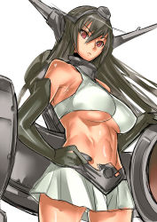 Rule 34 | 10s, 1girl, bad id, bad pixiv id, bare shoulders, black legwear, breasts, brown hair, dodai shouji, elbow gloves, gloves, hand on own hip, kantai collection, large breasts, long hair, nagato (kancolle), red eyes, simple background, skirt, solo, toned, underboob