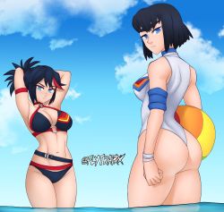 Rule 34 | 2girls, adapted costume, armband, arms behind head, artist name, ass, ball, bare shoulders, beachball, bikini, black hair, blue eyes, bracelet, breasts, cleavage, flytrapxx, highres, jewelry, junketsu, kill la kill, kiryuuin satsuki, large breasts, looking at viewer, matoi ryuuko, multicolored hair, multiple girls, navel, o-ring, one-piece swimsuit, red hair, senketsu, short hair, sky, stomach, streaked hair, swimsuit, thighs, toned, water