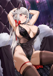 Rule 34 | 1girl, armpits, arms behind head, arms up, azur lane, bare shoulders, black dress, blush, breasts, brown thighhighs, cleavage, collarbone, dress, highres, horns, large breasts, long hair, looking at viewer, naha78, plunging neckline, red eyes, sitting, solo, thighhighs, thighs, white hair, yorck (azur lane), yorck (breaker under the blood moon) (azur lane)