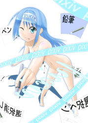 Rule 34 | 1girl, :p, bad id, bad pixiv id, barefoot, blue eyes, blue hair, censored, convenient censoring, female focus, gradient background, hairband, long hair, matching hair/eyes, navel, nude, one eye closed, pixiv, pixiv-tan, smile, solo, stylus, takuya kame, tongue, tongue out, white background, wink