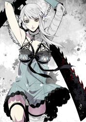 Rule 34 | 1girl, areola slip, armpits, arms up, bad id, bad pixiv id, bandages, bare shoulders, bow, chain, flower, izumi (nagashi), kaine (nier), lace, lace-trimmed panties, lace trim, lingerie, long hair, negligee, nier, nier (series), panties, pantyshot, ribbon, solo, underwear, white hair, white panties, yellow eyes