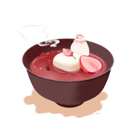 Rule 34 | animal, beans, bear, bowl, bud, chai (drawingchisanne), commentary request, food, food focus, fruit, in food, knit hat, mochi, no humans, original, polar bear, scarf, shiruko (food), signature, soup, strawberry, undersized animal, wagashi, white background