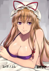 Rule 34 | 1girl, alternate hair color, bed sheet, bottomless, bow, bra, breast rest, breasts, brown hair, collarbone, colored eyelashes, crossed arms, dated, eyebrows, eyelashes, grey background, hair bow, hat, hat ribbon, highres, large breasts, long hair, looking at viewer, lying, mob cap, no panties, on stomach, purple bra, purple eyes, ribbon, shiny skin, signature, smirk, solo, team shanghai alice, touhou, underwear, underwear only, yakumo yukari, ying dou