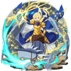 Rule 34 | 1girl, alice zuberg, amayori (sao), armor, armored boots, armored dress, blonde hair, blue cape, blue eyes, boots, braid, braided ponytail, breath weapon, breathing fire, cape, colored skin, dragon, faulds, fire, floating hair, full body, gauntlets, glowing, gold armor, grey horns, hair intakes, hairband, highres, holding, holding sword, holding weapon, horns, long hair, long skirt, official art, open mouth, pleated skirt, skirt, solo, standing, sword, sword art online, sword art online: alicization, transparent background, very long hair, weapon, white hairband, white skirt, yellow footwear