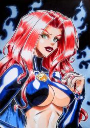 Rule 34 | 1girl, absurdres, breasts squeezed together, breasts, goth fashion, green eyes, highres, jacket, large breasts, leather, leather jacket, madelyne pryor, marvel, non-web source, red hair, red hair demon girl (mdf an), retro artstyle, solo, underboob, x-men