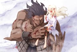 Rule 34 | 1boy, 1girl, bad id, bad pixiv id, barefoot, blood, blood on clothes, bloody clothes, bloody dress, dress, fate/stay night, fate (series), giant, heracles (fate), illyasviel von einzbern, long hair, null2deoru, official alternate costume, snow, torn clothes, torn dress