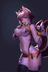 Rule 34 | 1girl, animal ears, bare shoulders, blazblue, breasts, breasts out, brown hair, curvy, eva solo, highres, large breasts, looking at viewer, makoto nanaya, navel, nipples, parted lips, red eyes, solo, squirrel ears, squirrel tail, tail, thick thighs, thighhighs, thighs, tonfa, weapon, wide hips