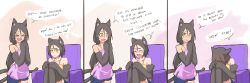 Rule 34 | 1boy, 1girl, androgynous, animal ears, black hair, blush, cat ears, cat tail, chair, claws, comic, dress, embarrassed, english text, fur, grey hair, hair ornament, hairclip, hands on own knees, happy, highres, less, long hair, monster boy, monster girl, mother and son, nervous, own hands together, pink dress, short hair, sitting, sitting on object, smile, tail, trap