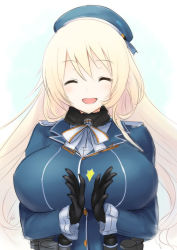 Rule 34 | 10s, 1girl, :d, ^ ^, atago (kancolle), black gloves, blonde hair, breasts, choker, clapping, ebizome, closed eyes, gloves, hat, kantai collection, large breasts, long hair, military, military uniform, open mouth, smile, solo, uniform