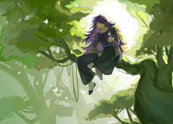 Rule 34 | 1boy, backlighting, black pants, branch, chuanbojintianyouliangchima, fengxi (the legend of luoxiaohei), forest, hair over one eye, highres, long hair, long sleeves, looking at viewer, nature, outdoors, pants, plant, purple hair, smile, solo, luo xiaohei zhanji, tree, very long hair, wide shot