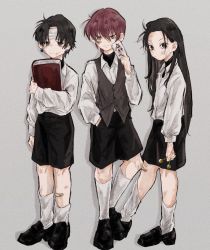 Rule 34 | 3boys, aged down, arm at side, bandaged head, bandages, bandaid, bandaid on cheek, bandaid on face, bandaid on knee, bandaid on leg, between fingers, black footwear, black hair, black shirt, black shorts, book, bruise, bruise on face, card, child, chrollo lucilfer, collared shirt, dirty, dirty clothes, dirty face, dress shirt, drop shadow, earrings, full body, grey background, grey vest, hair slicked back, hand in pocket, highres, hisoka morow, holding, holding book, holding card, holding nail, holding weapon, hunter x hunter, illumi zoldyck, injury, jewelry, joker (playing card), kicking, kneehighs, long hair, long sleeves, male focus, messy hair, multiple boys, nail, necomu, parted bangs, playing card, red hair, shirt, shoes, short hair, shorts, simple background, socks, standing, turtleneck, undershirt, very long hair, vest, weapon, white shirt