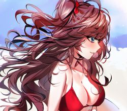 Rule 34 | 1girl, baocaizi, bikini, blue eyes, bow, breasts, brown hair, cleavage, collarbone, floating hair, hair bow, highres, ichinose shiki, idolmaster, idolmaster cinderella girls, long hair, medium breasts, open mouth, profile, red bikini, red bow, solo, swimsuit, twintails, upper body, very long hair
