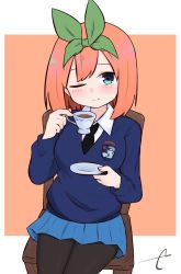 Rule 34 | 1girl, ;), black necktie, black pantyhose, blue eyes, blue skirt, blue sweater, blush, breasts, brown background, chair, closed mouth, collared shirt, commentary request, cosplay, cup, emblem, eyebrows hidden by hair, girls und panzer, go-toubun no hanayome, green ribbon, hair ribbon, highres, holding, holding cup, holding saucer, kujou karasuma, medium breasts, nakano yotsuba, necktie, on chair, one eye closed, pantyhose, pleated skirt, ribbon, saucer, school uniform, shirt, signature, sitting, skirt, smile, solo, st. gloriana&#039;s (emblem), st. gloriana&#039;s school uniform, sweater, teacup, two-tone background, white background, white shirt