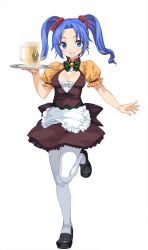 Rule 34 | 1girl, alcohol, apron, beer, beer mug, blue eyes, blue hair, breasts, cetina favo, cleavage, cup, full body, holding, holding tray, leg up, leggings, long hair, looking at viewer, medium breasts, mug, official art, onono imoko, open mouth, pantyhose, rance (series), short sleeves, skirt, solo, tray, twintails, waist apron, waitress, white pantyhose