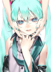 Rule 34 | 1girl, aqua eyes, aqua hair, aqua nails, aqua necktie, bad id, bad pixiv id, bare shoulders, black sleeves, blurry, blurry background, blurry eyes, detached sleeves, grey shirt, hair ornament, hand up, hands on another&#039;s cheeks, hands on another&#039;s face, hatsune miku, highres, lips, long hair, looking at viewer, nail polish, necktie, out of frame, rsk (tbhono), shirt, shoulder tattoo, tattoo, twintails, undone necktie, upper body, very long hair, vocaloid, white background