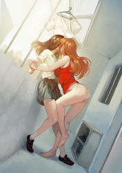 Rule 34 | 2girls, absurdres, ass, bare arms, bare legs, bare shoulders, barefoot, between legs, black footwear, black skirt, brown hair, clothes, clothes hanger, collared shirt, commentary, dutch angle, english commentary, highres, holding hands, kiss, knee up, long hair, mixed-language commentary, multiple girls, orange hair, original, outdoors, panties, pleated skirt, red shirt, red tank top, school uniform, shirt, short sleeves, skirt, standing, surprised, tank top, underwear, white legwear, white panties, white shirt, window, yabaitcm, yuri