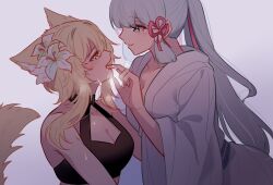Rule 34 | 2girls, animal ear fluff, animal ears, ayaka (genshin impact), black bra, blonde hair, blue eyes, blunt bangs, blunt tresses, blush, bra, breasts, cleavage, cleavage cutout, clothing cutout, collarbone, commentary, eye contact, fang, finger in another&#039;s mouth, flower, fox ears, fox tail, genshin impact, gradient background, grey hair, hair between eyes, hair flower, hair ornament, halterneck, highres, japanese clothes, kimono, large breasts, long hair, long sleeves, looking at another, lumine (genshin impact), medium breasts, mole, mole under eye, multiple girls, open mouth, ponytail, saliva, short hair, short hair with long locks, smile, tail, teeth, tongue, underwear, white kimono, wide sleeves, yellow eyes, yuri, yuutama2804