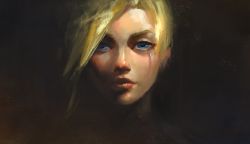 Rule 34 | 1girl, black background, blonde hair, blue eyes, crying, dark background, halo, lips, looking at viewer, mechanical halo, mercy (overwatch), nose, overwatch, overwatch 1, portrait, realistic, skyfiss, solo, streaming tears, tears