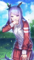 Rule 34 | 1girl, absurdres, animal ears, blue sky, blurry, blurry background, bow, commentary, ear ribbon, grass, green ribbon, highres, horse ears, horse girl, horse tail, jacket, long hair, long sleeves, looking at viewer, mejiro mcqueen (umamusume), open mouth, pants, purple eyes, purple hair, red jacket, red pants, ribbon, sky, solo, sp0i0ppp, standing, sweat, symbol-only commentary, tail, track jacket, track pants, track suit, umamusume