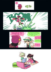 Rule 34 | + +, 2girls, ?, ankle boots, barefoot, baseball cap, beanie, black hair, black legwear, black shirt, black shorts, blue shorts, boots, brown eyes, callie (splatoon), casual, cellphone, character name, closed eyes, earrings, english text, from behind, gameplay mechanics, gomipomi, green hat, green jacket, green shirt, grey hair, hat, hat ornament, highres, holding, holding phone, inkling, jacket, jewelry, jumping, kneeling, landing, letterman jacket, light smile, long hair, long sleeves, looking at another, marie (splatoon), mole, mole under eye, multiple girls, nintendo, open clothes, open jacket, open mouth, paint splatter, phone, pink shirt, plant, pointy ears, potted plant, purple hat, purple jacket, shirt, short hair, shorts, sitting, smartphone, smile, splatoon (series), spoken question mark, squid, squidbeak splatoon, star (symbol), star hat ornament, suitcase, sweatdrop, talking on phone, tentacle hair