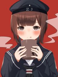 Rule 34 | 1girl, brown eyes, brown hair, clothes writing, cup, dress, hachino mugi, hat, highres, holding, holding cup, kantai collection, long sleeves, red background, sailor collar, sailor dress, sailor hat, short hair, solo, tongue, tongue out, upper body, z3 max schultz (kancolle)