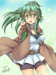 Rule 34 | 1girl, bike shorts, blush, breasts, cleavage, collar, collarbone, dated, duel monster, elis 120%, female focus, gradient background, green eyes, green hair, hair ornament, highres, jacket, jewelry, large breasts, long hair, looking at viewer, matching hair/eyes, necklace, open mouth, ponytail, shorts, signature, solo, symbol-shaped pupils, winda (yu-gi-oh!), winda priestess of gusto, yu-gi-oh!