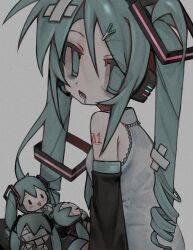 Rule 34 | 1girl, black sleeves, black thighhighs, breasts, character doll, crossed bandaids, detached sleeves, drooling, empty eyes, food-themed hair ornament, green eyes, green hair, hair ornament, hatsune miku, highres, long hair, open mouth, r (reijibnuy2), shirt, sleeveless, sleeveless shirt, small breasts, solo, spring onion hair ornament, thighhighs, vocaloid, white shirt