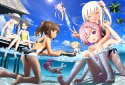 Rule 34 | 10s, 6+girls, ;d, ^ ^, ahoge, alternate costume, barefoot, bikini, black hair, blonde hair, blue eyes, blue hair, breasts, brown eyes, brown hair, closed eyes, competition swimsuit, day, dock, dual persona, closed eyes, feet, flower, freediving, glasses, goribote, hair flower, hair ornament, hat, highres, i-168 (kancolle), i-19 (kancolle), i-401 (kancolle), i-58 (kancolle), i-8 (kancolle), kantai collection, kneeling, lens flare, long hair, maru-yu (kancolle), multiple girls, one-piece swimsuit, one eye closed, open mouth, palm tree, partially submerged, partially underwater shot, ponytail, purple eyes, purple hair, revision, ro-500 (kancolle), short hair, silver hair, sitting, sky, small breasts, smile, soaking feet, soles, sun hat, swimsuit, tan, toes, torpedo, tree, twintails, type 93 torpedo, u-511 (kancolle), underwater, v