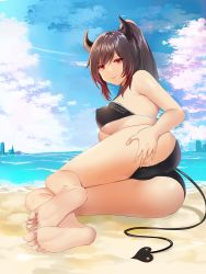 Rule 34 | 1girl, absurdres, ass, bare shoulders, bikini, black bikini, black hair, black horns, blush, breasts, closed mouth, covered erect nipples, demon girl, demon horns, demon tail, eyelashes, foreshortening, gradient hair, hair between eyes, hand on own thigh, hand on thigh, highres, horns, large breasts, long hair, looking at viewer, lying, makeup, mascara, multicolored hair, on side, original, ponytail, red eyes, red hair, shirasiyuki, smile, soles, solo, swimsuit, tail, toes, underboob