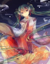 Rule 34 | 1girl, chinese clothes, chuushuu meigetsu miku, gradient background, green eyes, hand fan, hatsune miku, head tilt, highres, japanese clothes, kimono, long hair, lyiet, paper fan, see-through, smile, solo, twintails, uchiwa, vocaloid
