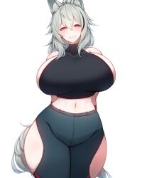 Rule 34 | 1girl, absurdres, alternate breast size, animal ear fluff, animal ears, arknights, arms behind back, bare shoulders, breasts, bright pupils, commission, contrapposto, covered collarbone, cowboy shot, crop top, curvy, grani (arknights), grey hair, grin, highres, hip vent, horse ears, horse girl, horse tail, huge breasts, long hair, looking at viewer, midriff, navel, pants, pixiv commission, purple eyes, rikuguma, sideboob, simple background, sleeveless, sleeveless turtleneck, smile, solo, straight-on, tail, tight clothes, tight pants, turtleneck, white background, wide hips