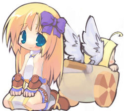 Rule 34 | 2girls, ahoge, amasa mitsunaru, angel wings, blonde hair, blue eyes, blush stickers, bow, cart, chibi, closed mouth, commentary request, full body, hair bow, long hair, looking at viewer, multiple girls, pullcart, purple bow, ragnarok online, seiza, shirt, shorts, simple background, sitting, sleeveless, sleeveless shirt, smile, super novice (ragnarok online), tabard, white background, white shirt, white shorts, wings