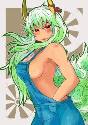 Rule 34 | 1girl, alternate costume, bare shoulders, blush, breasts, cleavage, ex-keine, female focus, green hair, hands in pockets, heiseikorotaisei, horn ornament, horn ribbon, horns, kamishirasawa keine, large breasts, long hair, looking at viewer, naked overalls, no bra, open mouth, overalls, red eyes, ribbon, sideboob, simple background, sleeveless, smile, solo, tail, touhou