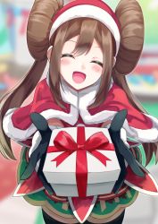 Rule 34 | 1girl, ^ ^, blue eyes, blush, box, breasts, brown hair, closed eyes, creatures (company), double bun, dress, fur trim, game freak, gift, gift box, hair bun, hat, highres, igayan, long hair, long sleeves, looking at viewer, nintendo, official alternate costume, open mouth, pokemon, pokemon masters ex, red dress, red hat, rosa (holiday 2019) (pokemon), rosa (pokemon), santa costume, santa hat, smile, solo, twintails