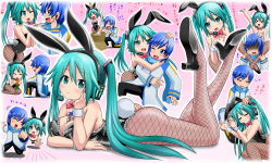 Rule 34 | &gt; &lt;, 00s, 1boy, 1girl, absurdres, animal ears, bad id, bad pixiv id, blue eyes, blue hair, bow, bowtie, breasts, cleavage, detached collar, drooling, closed eyes, fake animal ears, fishnet pantyhose, fishnets, hatsune miku, highres, kaito (vocaloid), kazu-chan, long hair, lying, matching hair/eyes, on stomach, pantyhose, playboy bunny, rabbit ears, rabbit tail, short hair, tail, twintails, vocaloid, wrist cuffs