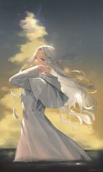 Rule 34 | 1girl, absurdres, blue eyes, braid, capelet, cloud, commentary, cowboy shot, evening, final fantasy, final fantasy xiv, floating hair, forehead, from side, gradient sky, grey capelet, grey hair, grey robe, half updo, hand up, highres, hood, hood down, hooded capelet, horizon, lens flare, long hair, long sleeves, looking at viewer, robe, signature, single braid, sky, smile, solo, standing, symbol-only commentary, tassel, tk (tksnim), twitter username, venat (ff14), wading, water, wavy hair, yellow sky