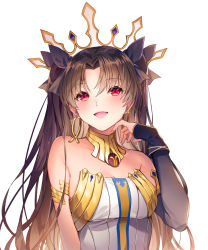 Rule 34 | 1girl, :d, armlet, bad id, bad pixiv id, bare shoulders, black hair, blush, breasts, cleavage, commentary, crown, detached sleeves, earrings, ells, fate/grand order, fate (series), hair ribbon, highres, ishtar (fate), ishtar (fate), jewelry, long hair, looking at viewer, medium breasts, open mouth, red eyes, ribbon, single detached sleeve, smile, solo, tohsaka rin, two side up