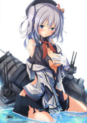 Rule 34 | 10s, 1girl, bad id, bad nicoseiga id, bare shoulders, beret, between legs, blue eyes, blush, breast hold, breasts, broken, buttons, covering privates, covering breasts, frilled sleeves, frills, gloves, hand between legs, hat, highres, jacket, kantai collection, kashima (kancolle), kerchief, kuwachii, looking at viewer, machinery, military, military uniform, miniskirt, no bra, pleated skirt, sidelocks, silver hair, simple background, sitting, skirt, solo, torn clothes, tsurime, turret, twintails, uniform, wariza, water, wavy hair, white background, white gloves