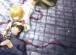 Rule 34 | 1girl, 2boys, bad id, bad pixiv id, blonde hair, bracelet, brown eyes, brown hair, casual, cross, cross necklace, fate/zero, fate (series), gilgamesh (fate), hand on head, jewelry, kotomine kirei, male focus, multiple boys, necklace, official alternate costume, partially submerged, ribbon, snakeskin print, sumesora, water