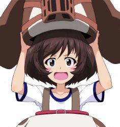 Rule 34 | 1girl, :d, akiyama yukari, animal costume, arms up, blush stickers, brown eyes, brown hair, commentary, dog costume, girls und panzer, holding head, kayabakoro, looking at viewer, messy hair, open mouth, shirt, short hair, short sleeves, simple background, smile, solo, t-shirt, textless version, white background