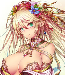 Rule 34 | 1girl, aqua eyes, blonde hair, blush, breasts, cleavage, ear ornament, female focus, flower, hair flower, hair ornament, kara (color), large breasts, long hair, looking at viewer, original, pointy ears, simple background, smile, solo, white background