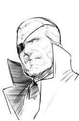 Rule 34 | 1boy, aged up, beard, big boss, collared coat, eyepatch, facial hair, greyscale, hair slicked back, highres, hikichi sakuya, male focus, mature male, metal gear (series), metal gear solid, monochrome, mustache, old, old man, portrait, short hair, sketch, solo, upper body, wrinkled skin
