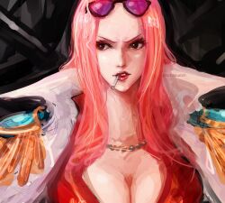 Rule 34 | 1girl, black background, breasts, cigarette, cleavage, coat, collared coat, commentary request, epaulettes, eyewear on head, highres, hina (one piece), jacket, jewelry, long hair, looking to the side, necklace, one piece, pink hair, red jacket, red lips, simple background, solo, torapunch, twitter username, white coat