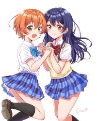Rule 34 | 2girls, blue hair, blue neckwear, blush, bow, bowtie, closed mouth, commentary request, dress shirt, eneco, hair between eyes, highres, holding hands, hoshizora rin, interlocked fingers, long hair, looking at viewer, love live!, love live! school idol project, multiple girls, open mouth, orange hair, otonokizaka school uniform, red neckwear, school uniform, shirt, short hair, short sleeves, simple background, smile, sonoda umi, striped bow, striped bowtie, striped clothes, striped neckwear, vest, white background, yellow eyes