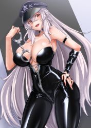 Rule 34 | 1girl, ayuayu (shouyu no sato), azur lane, bare shoulders, black bodysuit, black choker, black gloves, bodysuit, breasts, choker, cleavage, crossed bangs, cuffs, gangut (azur lane), gloves, hair between eyes, hand on own hip, hat, head tilt, large breasts, latex, latex bodysuit, long hair, looking at viewer, mole, mole under eye, open mouth, peaked cap, red eyes, shiny clothes, silver hair, smile, solo, standing, very long hair