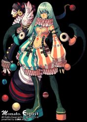 Rule 34 | 1girl, aqua eyes, ball, boots, breasts, detached sleeves, green footwear, green hair, heart, jester, long hair, medium breasts, neck ruff, no bra, solo, transparent background, wings