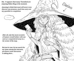 Rule 34 | ..., 1girl, absurdres, bb (baalbuddy), cellphone, cloak, coat, elden ring, english text, extra arms, fur cloak, fur coat, greyscale, hat, highres, holding, holding phone, long hair, meme, monochrome, one eye closed, phone, ranni the witch, smartphone, solo, speech bubble, witch hat